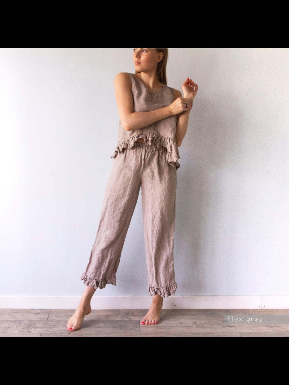 Linen Red Pants Ruffle Hem - Picture 1 of 4